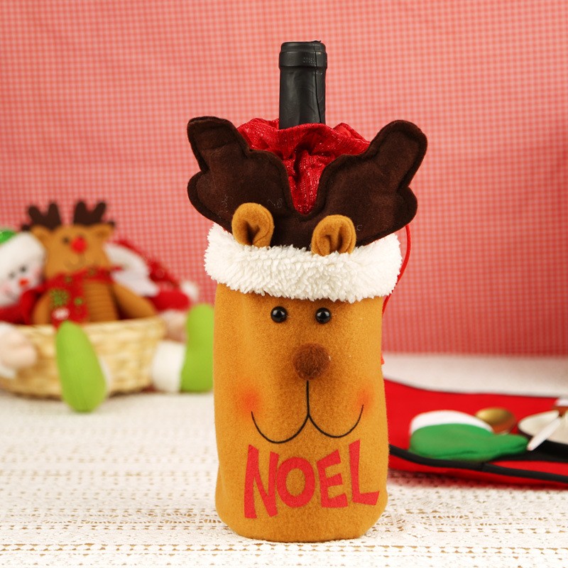 Saculet de Craciun pentru Sticla de Bautura, Kadeny, Model Ren Accesorizat, Tematica Petrecere de Craciun, Marime Universala, 13x28 cm, Maro