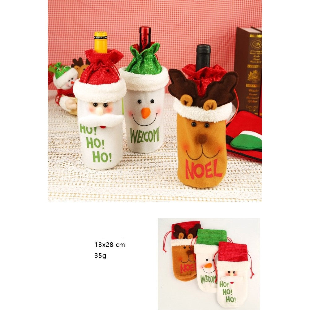 Saculet de Craciun pentru Sticla de Bautura, Kadeny, Model Mos Craciun Accesorizat, Tematica Petrecere de Craciun, Marime Universala, 13x28 cm, Rosu