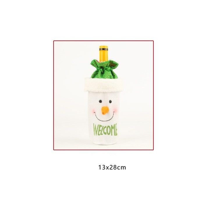 Saculet de Craciun pentru Sticla de Bautura, Kadeny, Model Om de Zapada Accesorizat, Tematica Petrecere de Craciun, Marime Universala, 13x28 cm, Verde