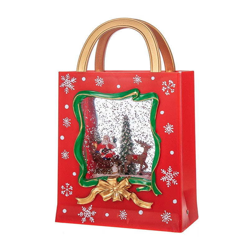 Decoratiune de Craciun, Kadeny, Model Sacosa Cadou cu Mos Craciun si Ren, Iluminare LED si Efect Zapada, 23 x 15 x 7.3 cm, Rosu