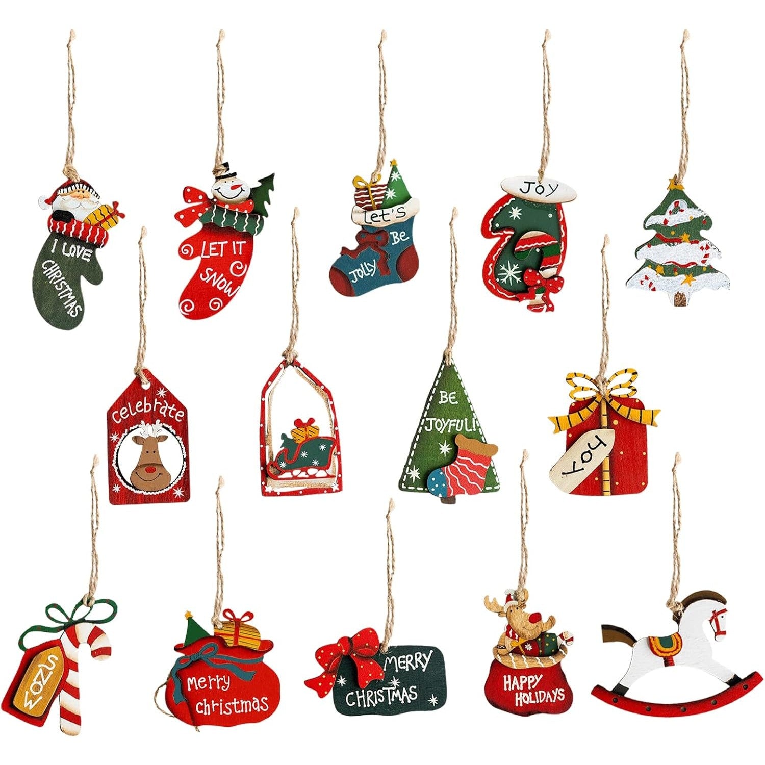 Set 14 Decoratiuni de Craciun, Kadeny, pentru Brad, 5 - 9.5 cm, din Lemn, Multicolor