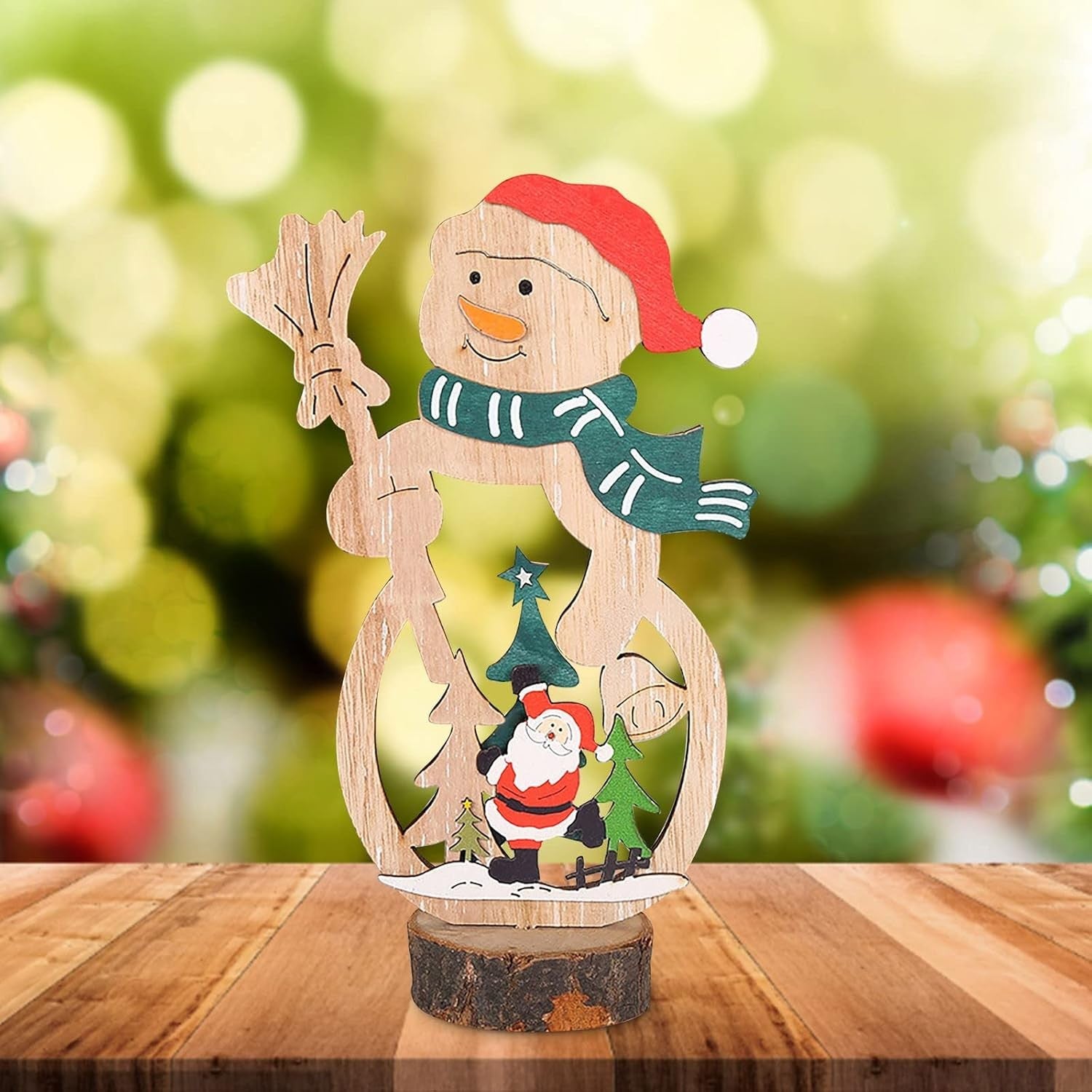 Decoratiune de Craciun, Kadeny, din Lemn, 11 x 20 cm, Model Om de Zapada cu Caciula Rosie, Multicolor