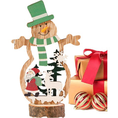 Decoratiune de Craciun, Kadeny, din Lemn, 10.5 x 18 cm, Model Om de Zapada cu Caciula Verde, Multicolor