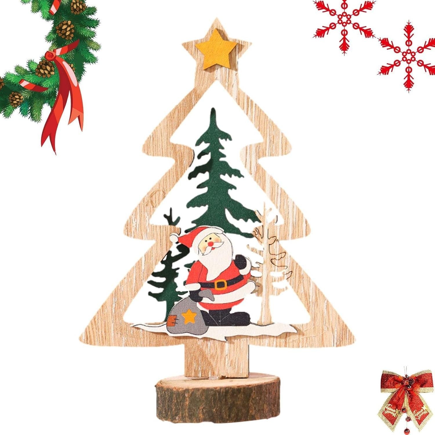 Decoratiune de Craciun, Kadeny, din Lemn, 13.5 x 20 cm, Model Brad cu Stea Galbena, Multicolor