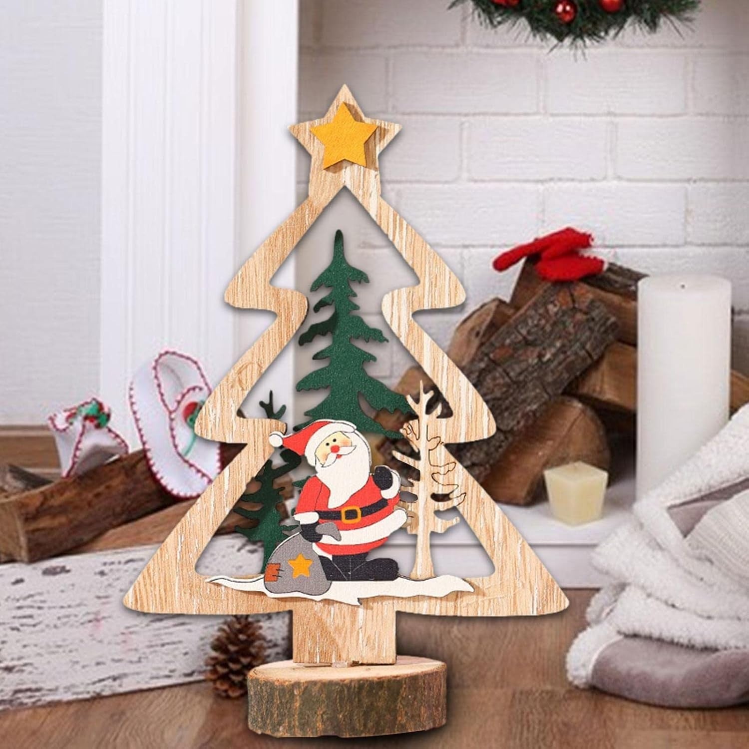Decoratiune de Craciun, Kadeny, din Lemn, 13.5 x 20 cm, Model Brad cu Stea Galbena, Multicolor