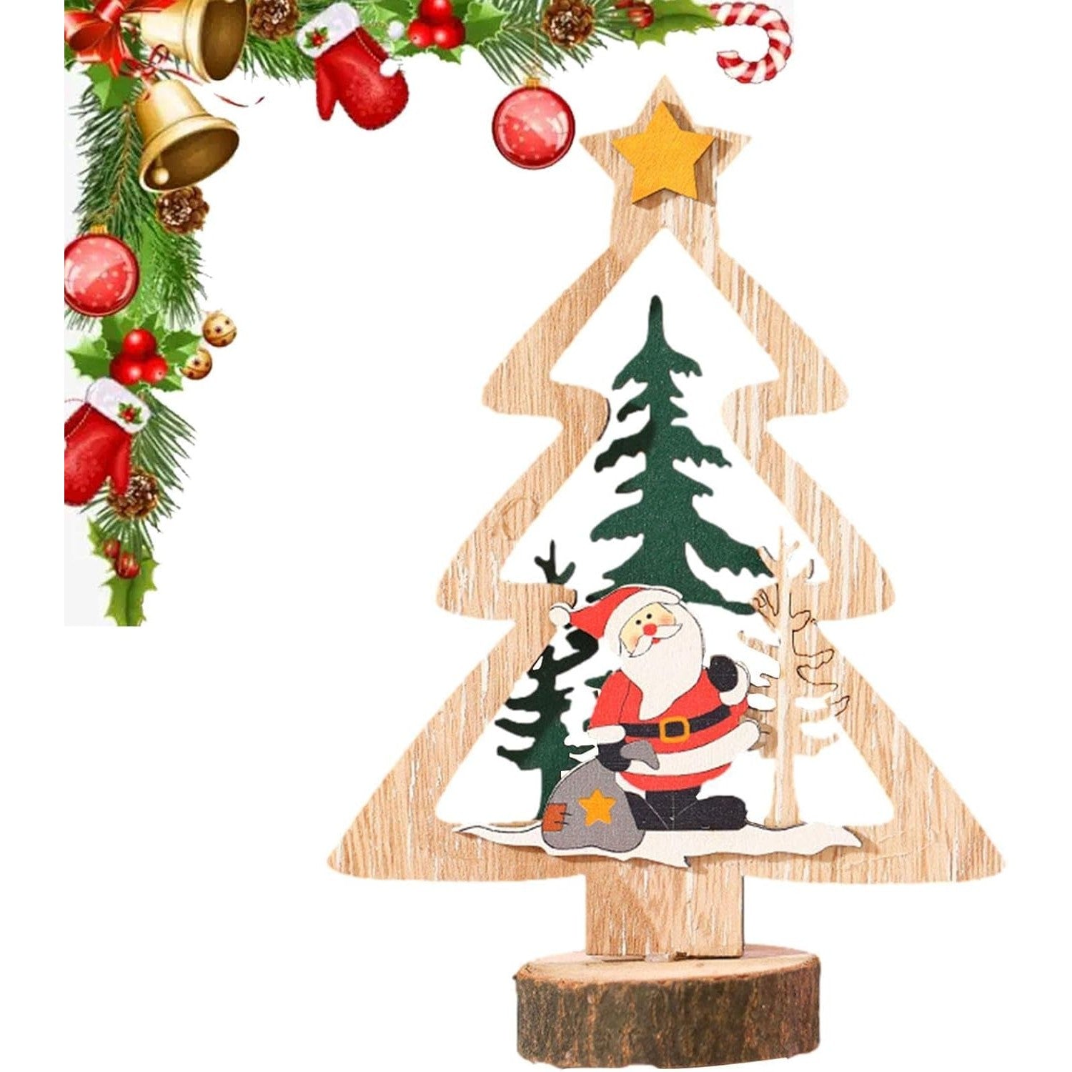 Decoratiune de Craciun, Kadeny, din Lemn, 13.5 x 20 cm, Model Brad cu Stea Galbena, Multicolor