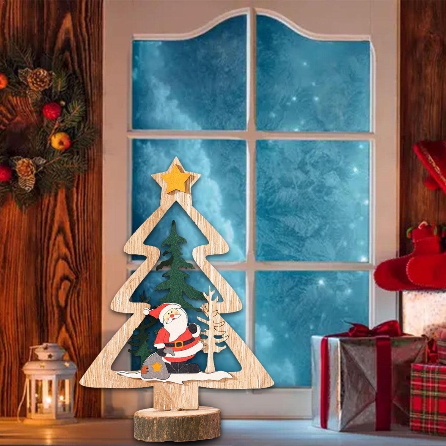 Decoratiune de Craciun, Kadeny, din Lemn, 13.5 x 20 cm, Model Brad cu Stea Galbena, Multicolor