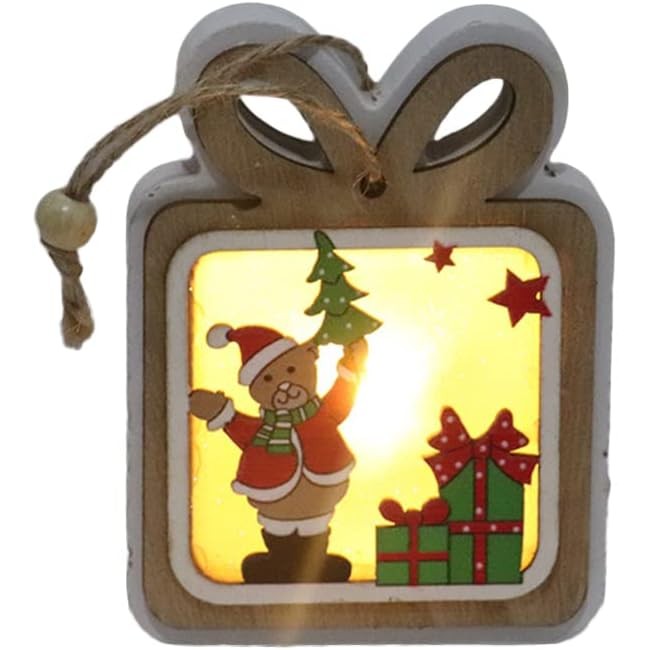Ornament de Brad, Kaveny, cu Lumini LED, din Lemn, Model Cadou, Multicolor