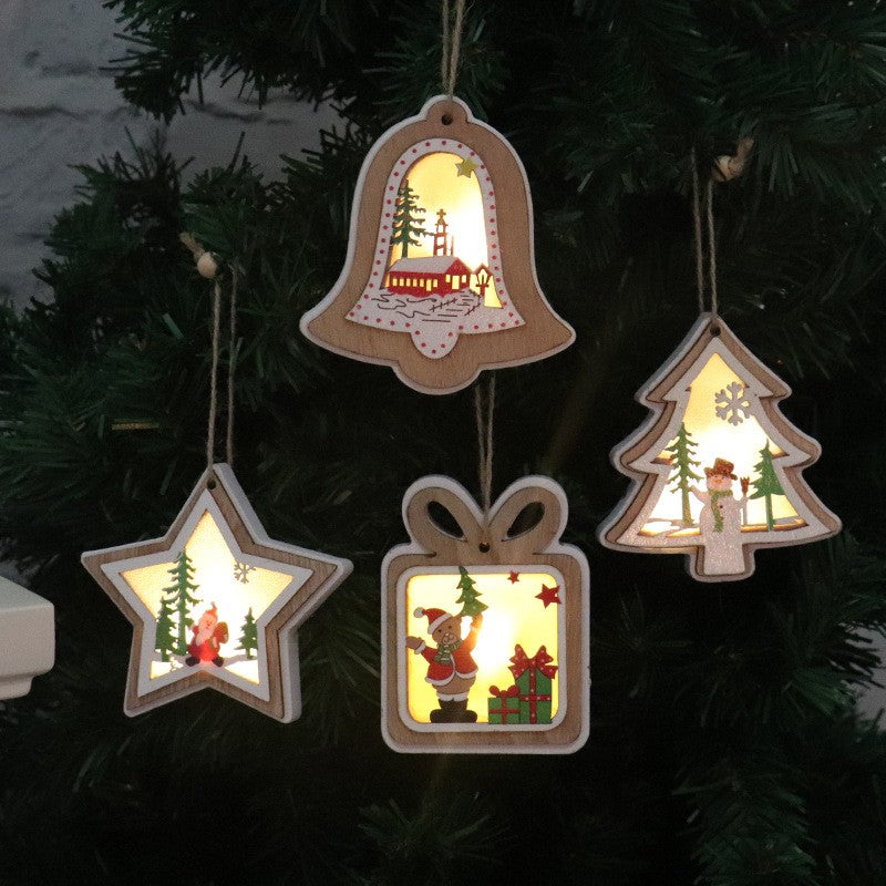Ornament de Brad, Kaveny, cu Lumini LED, din Lemn, Model Cadou, Multicolor