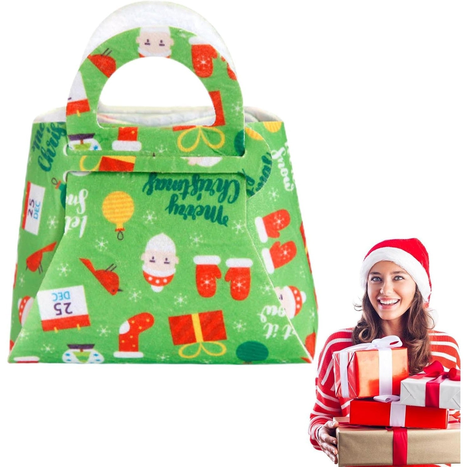 Geanta pentru Copii, Kadeny, Pliabila, pentru Cadouri de Craciun, din Panza Netesuta, 13 x 12 x 6 cm, Verde