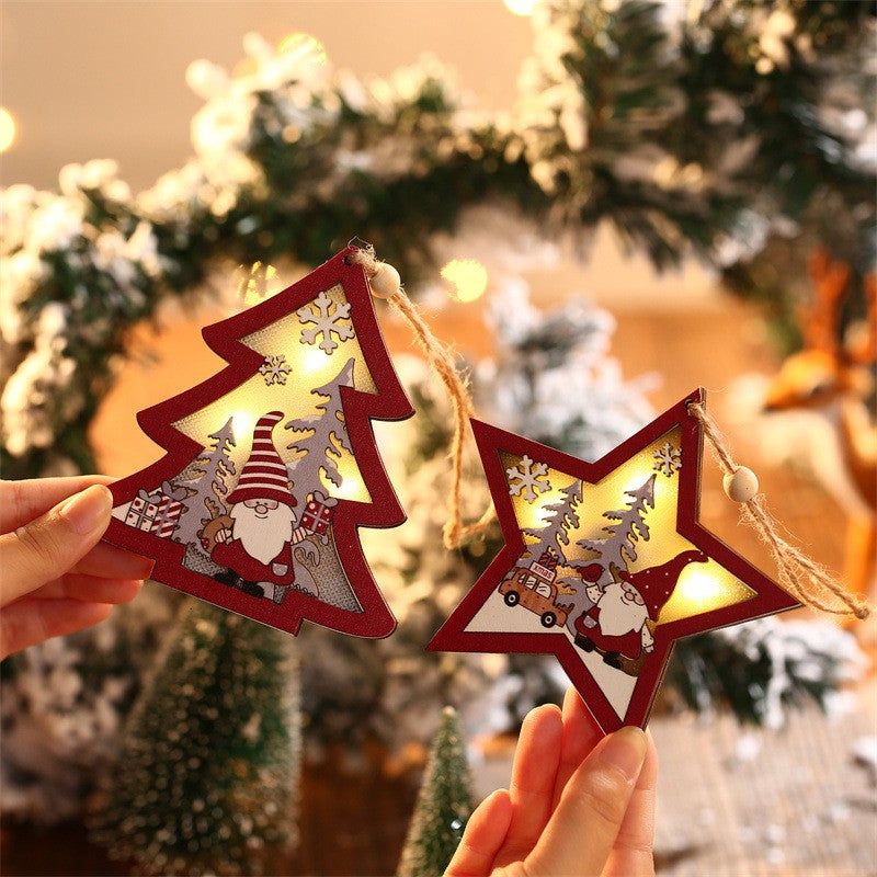 Ornament de Brad, Kaveny, cu Lumini LED, din Lemn, Figurina Elf, Model Stea, Multicolor