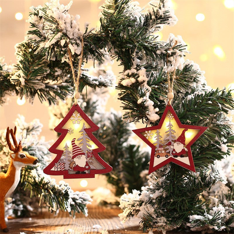 Ornament de Brad, Kaveny, cu Lumini LED, din Lemn, Figurina Elf, Model Stea, Multicolor
