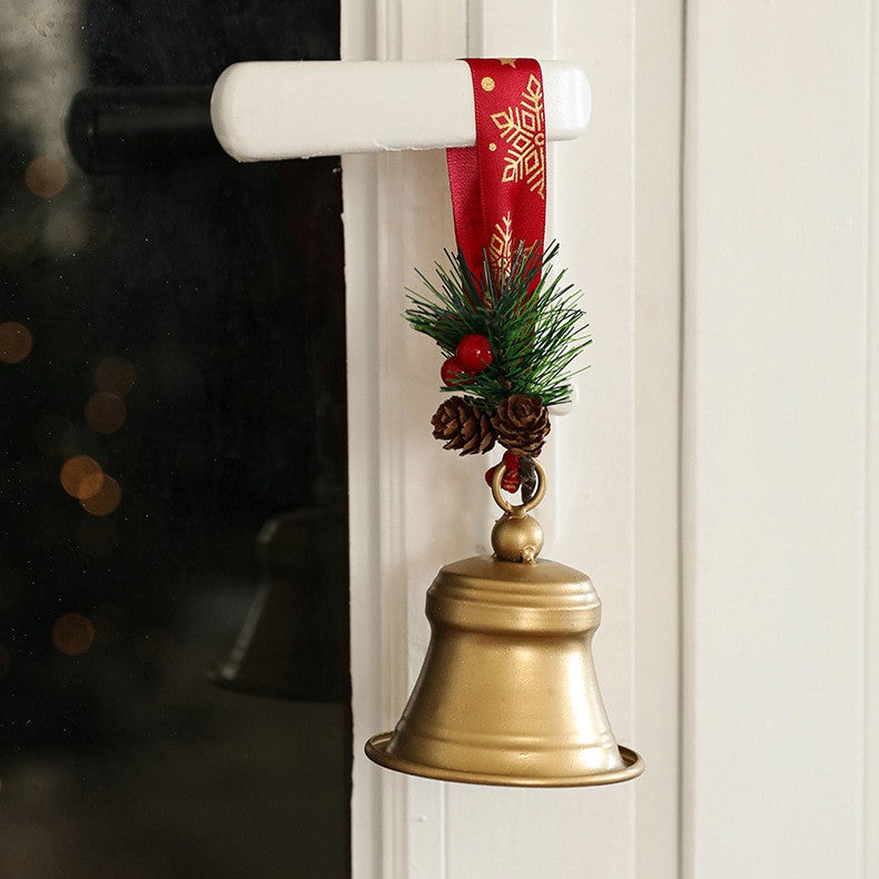 Clopot decorativ pentru Brad Craciun, Kadeny, Clopot din Metal cu Funda si Crenguta de Brad pentru Decoratiune de Craciun, 10 x 8 x 8 cm, Auriu