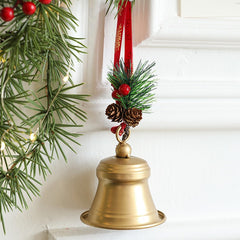 Clopot decorativ pentru Brad Craciun, Kadeny, Clopot din Metal cu Funda si Crenguta de Brad pentru Decoratiune de Craciun, 10 x 8 x 8 cm, Auriu