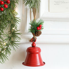Clopot decorativ pentru Brad Craciun, Kadeny, Clopot din Metal cu Funda si Crenguta de Brad pentru Decoratiune de Craciun, 10 x 8 x 8 cm, Rosu