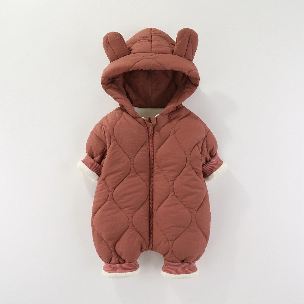Combinezon de Iarna, Kaveny, pentru Bebelusi, din Bumbac, cu Urechi, Mansete Elastice, Unisex, 66 cm, Visiniu