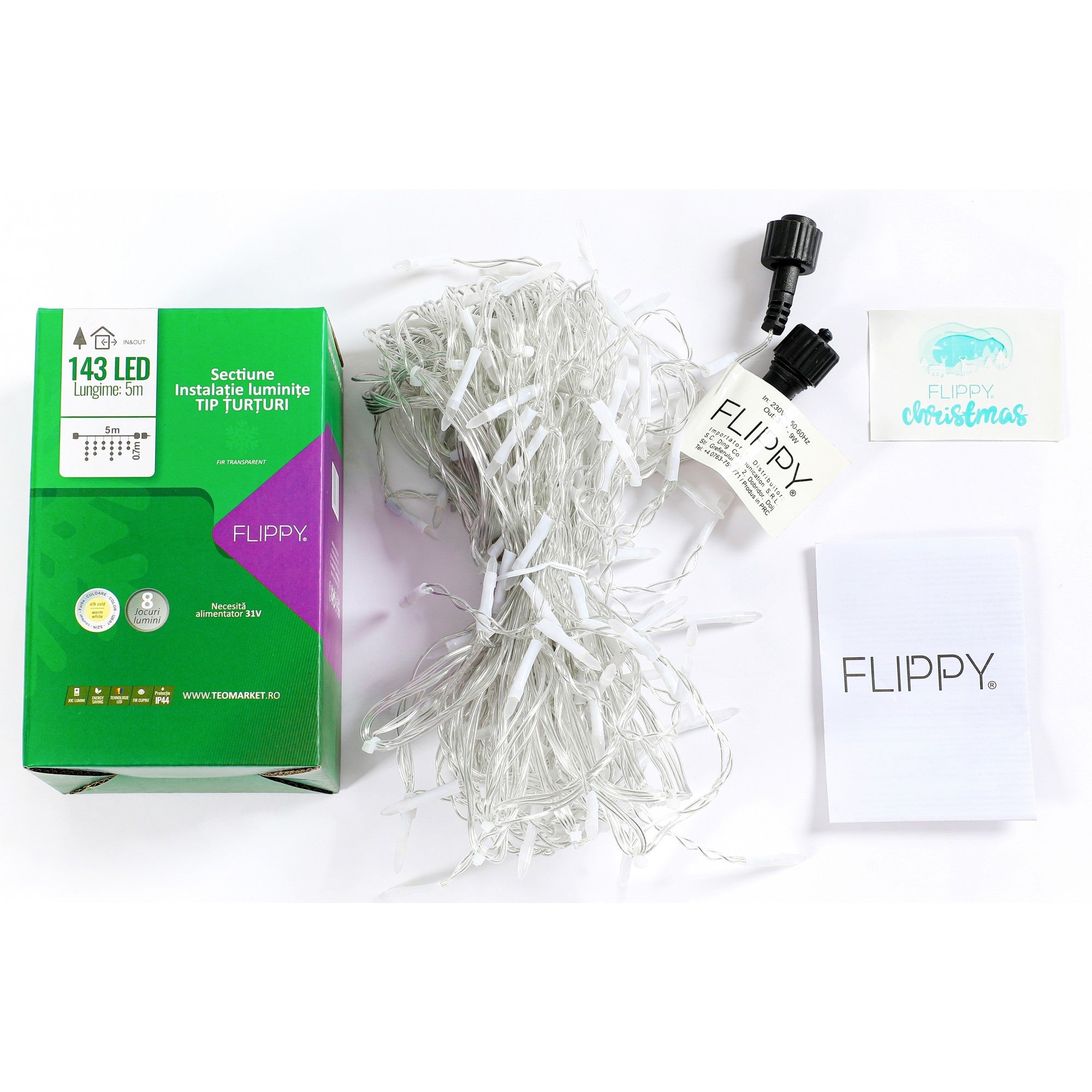 Sectiune Instalatie de Craciun, Kaveny®, Tip Turturi, Fara Alimentator, 5m, 143 LED-uri, 8 Jocuri de Lumini, Fir Transparent, Lumina Alb Cald, IP44, Interconectabila