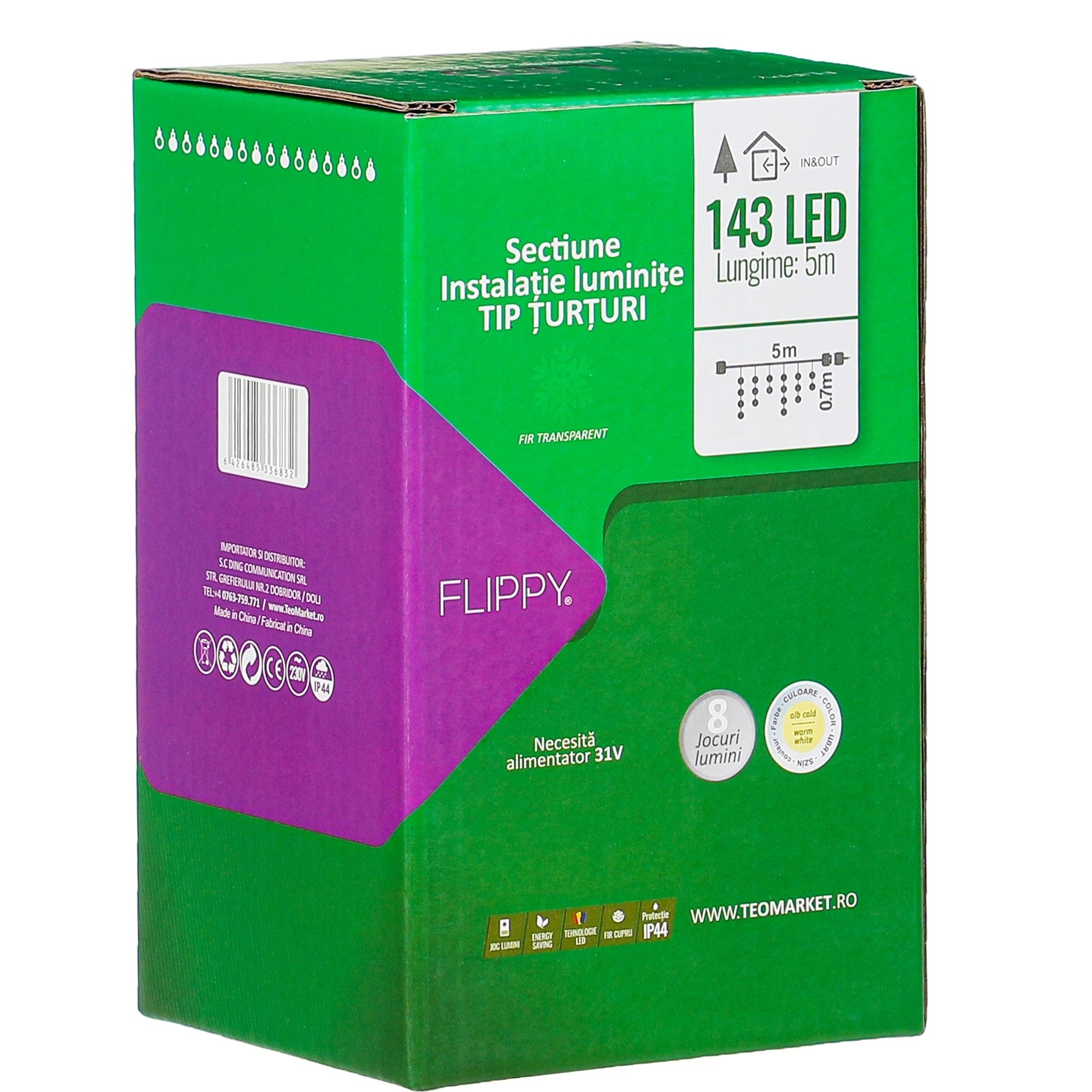 Sectiune Instalatie de Craciun, Kaveny®, Tip Turturi, Fara Alimentator, 5m, 143 LED-uri, 8 Jocuri de Lumini, Fir Transparent, Lumina Alb Cald, IP44, Interconectabila