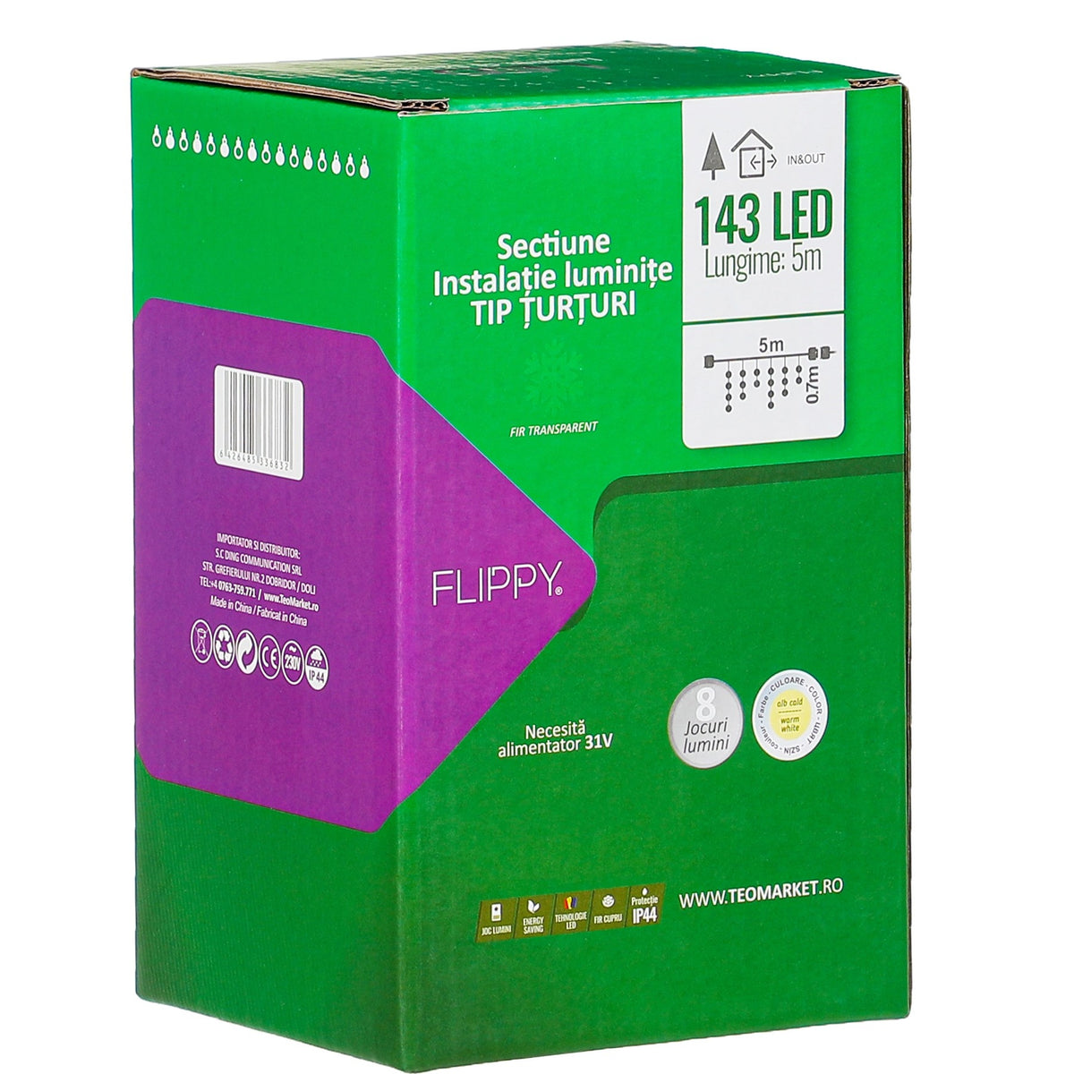 Sectiune Instalatie de Craciun, Kaveny®, Tip Turturi, Fara Alimentator, 5m, 143 LED-uri, 8 Jocuri de Lumini, Fir Transparent, Lumina Alb Cald, IP44, Interconectabila