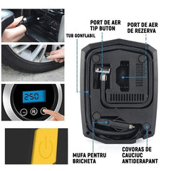 Compresor Auto Portabil cu Lanterna si Afisaj Electornic Kadeny, DC 12V, 120W, 35L/min, Cablu de alimentare 3m, Pompa Biciclete, Moto, Mingi, Saltele, Max 10.3bar, lumina LED, Negru