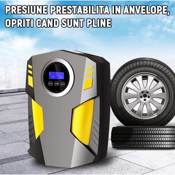 Compresor Auto Portabil cu Lanterna si Afisaj Electornic Kadeny, DC 12V, 120W, 35L/min, Cablu de alimentare 3m, Pompa Biciclete, Moto, Mingi, Saltele, Max 10.3bar, lumina LED, Negru