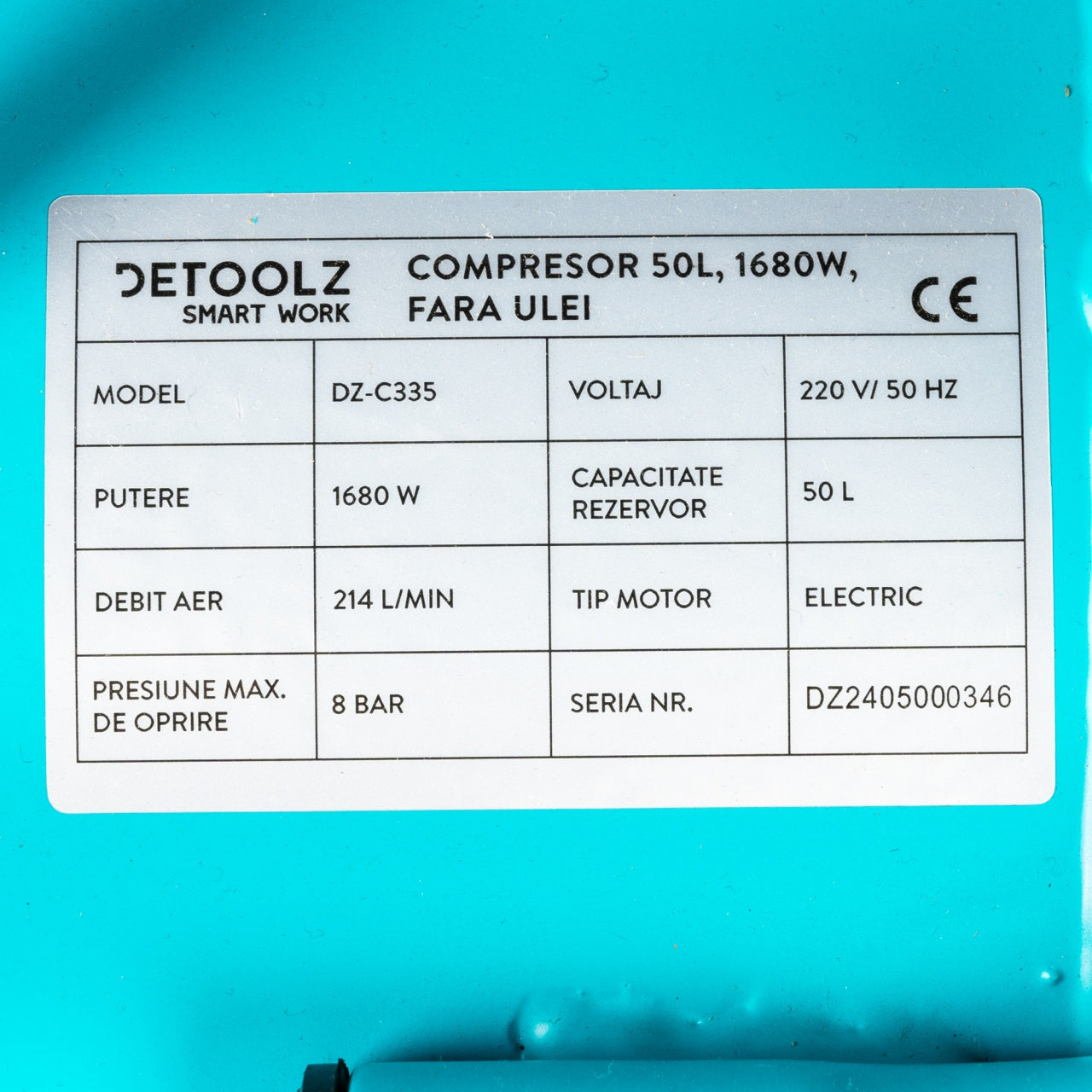 Compresor Detoolz 50L fara ulei, 1680 W, debit 214L/min, 8 bar, 2 prize de aer