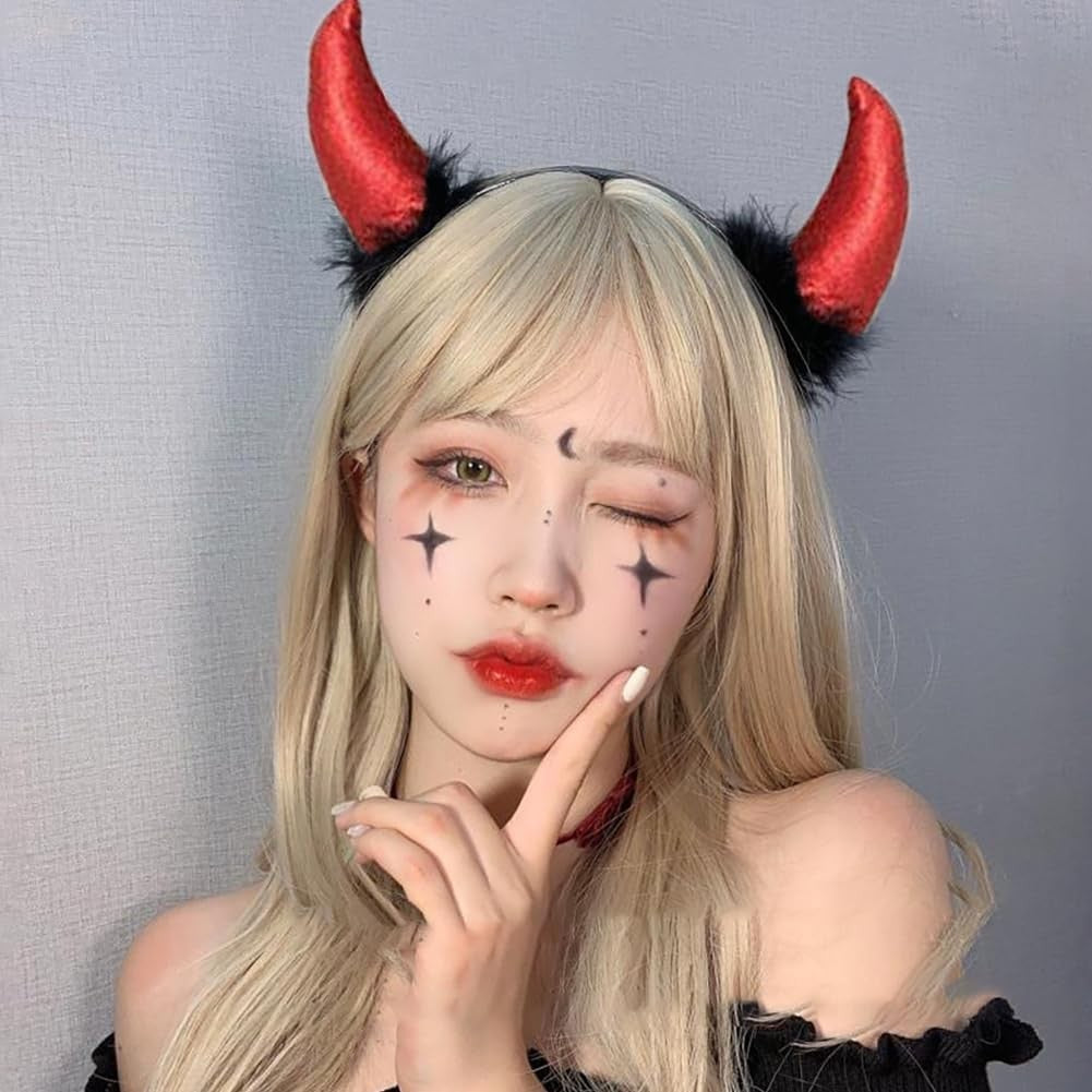 Coronita Deghizare, Kaveny, Model Cornite Devil, Rosu Satinat cu Puf Negru, Marime Universala
