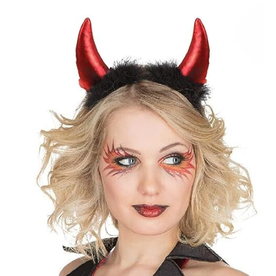 Coronita Deghizare, Kaveny, Model Cornite Devil, Rosu Satinat cu Puf Negru, Marime Universala