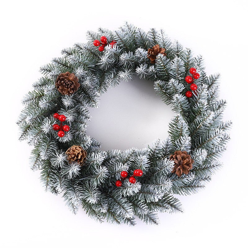 Coronita pentru Craciun Kaveny, 50 cm, din brad artificial, decorata cu conuri si merisoare, Alb