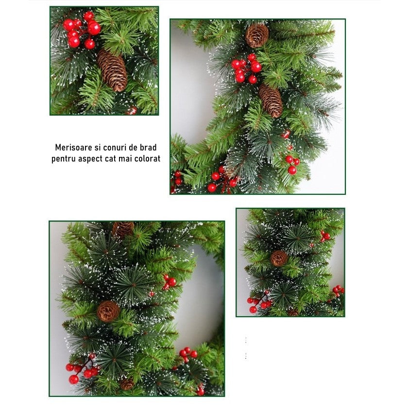 Coronita pentru Craciun Kadeny, 60 cm, din brad artificial, decorata cu conuri si merisoare, Verde