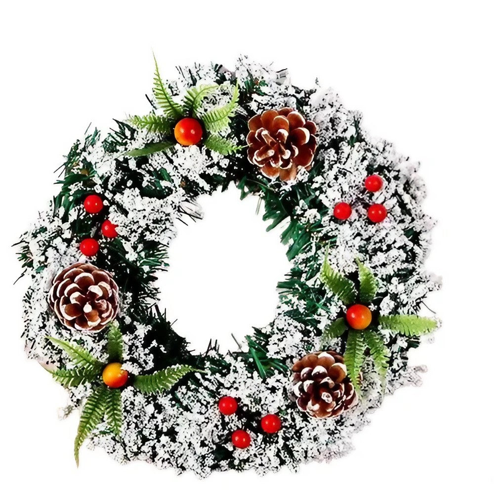 Coronita pentru Craciun Kadeny, diametru 20 cm, din brad artificial, decorata cu conuri si merisoare, inzapezit, Verde/Alb