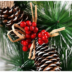 Coronita pentru Craciun Kadeny, diametru 32 cm, din brad artificial, decorata cu conuri si merisoare, 3 Funde. Verde/Alb