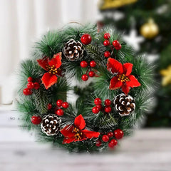 Coronita pentru Craciun Kadeny, diametru 32 cm, din brad artificial, decorata cu conuri si merisoare, 3 Funde Rosii. Verde/Alb