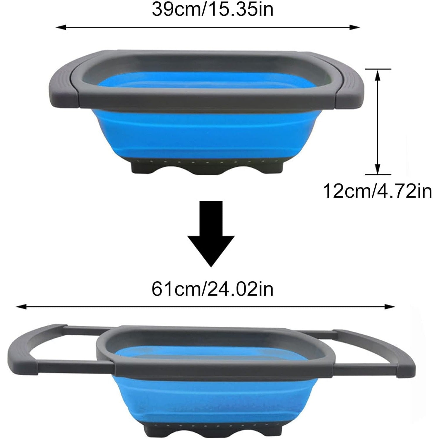 Cos de Scurgere Retractabil pentru Chiuveta, Kadeny, cu Filtru, pentru Fructe si Legume, de Uz Casnic, 39x12 cm, Design Extensibil pana la 61 cm, cu Manere de Prindere, Albastru