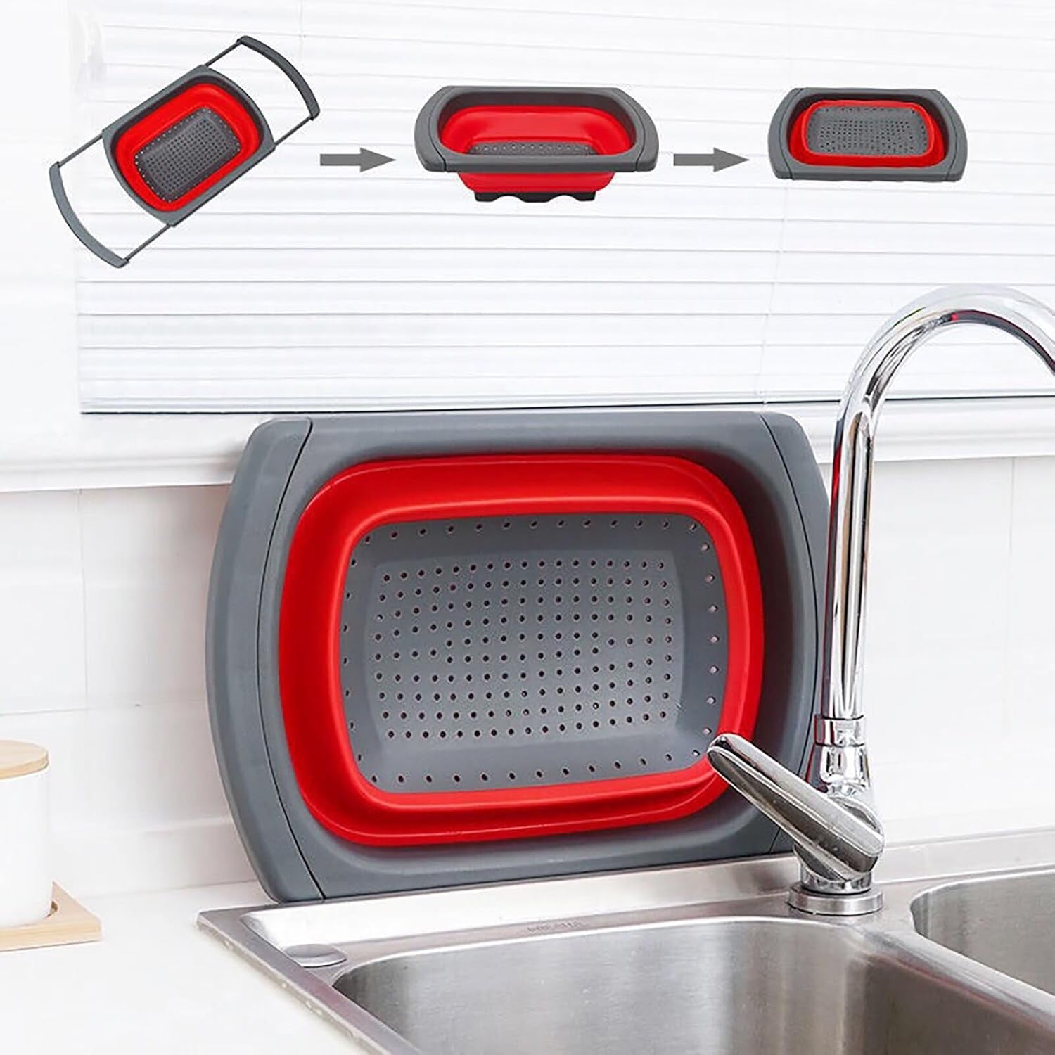 Cos de Scurgere Retractabil pentru Chiuveta, Kadeny, cu Filtru, pentru Fructe si Legume, de Uz Casnic, 39x12 cm, Design Extensibil pana la 61 cm, cu Manere de Prindere, Rosu