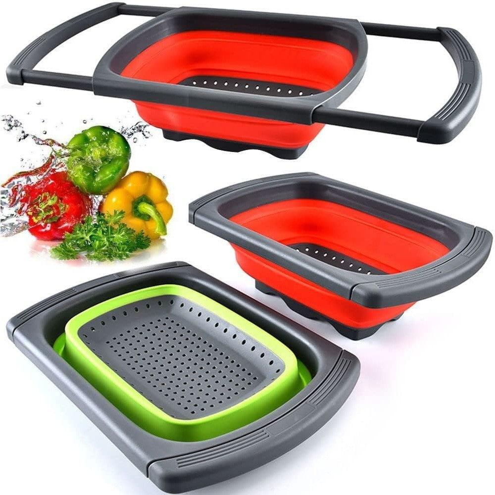 Cos de Scurgere Retractabil pentru Chiuveta, Kadeny, cu Filtru, pentru Fructe si Legume, de Uz Casnic, 39x12 cm, Design Extensibil pana la 61 cm, cu Manere de Prindere, Rosu