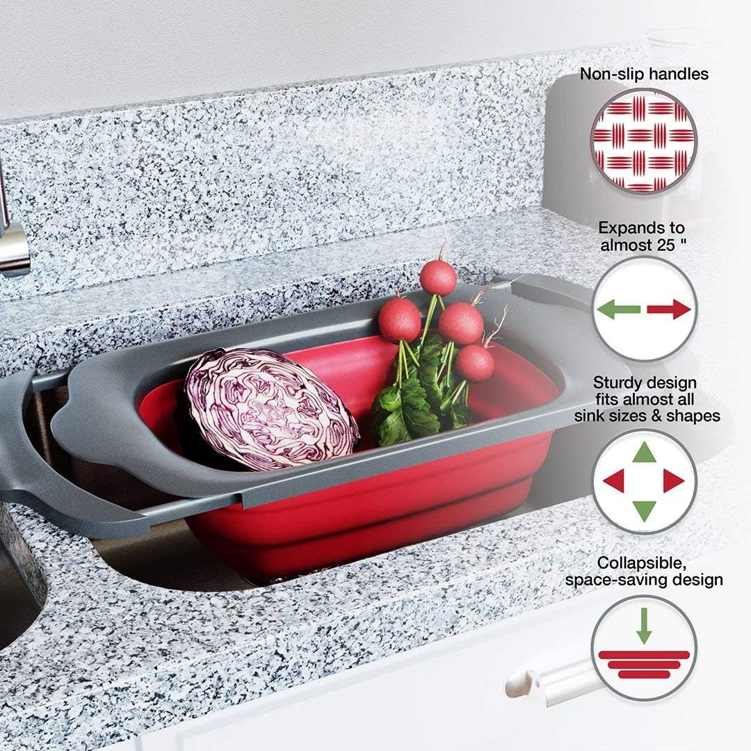 Cos de Scurgere Retractabil pentru Chiuveta, Kadeny, cu Filtru, pentru Fructe si Legume, de Uz Casnic, 39x12 cm, Design Extensibil pana la 61 cm, cu Manere de Prindere, Rosu