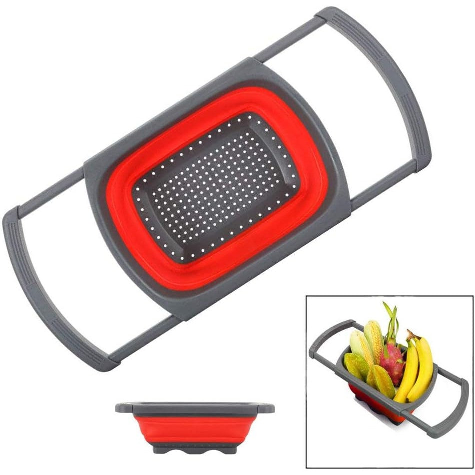 Cos de Scurgere Retractabil pentru Chiuveta, Kadeny, cu Filtru, pentru Fructe si Legume, de Uz Casnic, 39x12 cm, Design Extensibil pana la 61 cm, cu Manere de Prindere, Rosu
