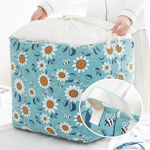 Cos depozitare, Kaveny, Capac cu Snur, 175 L, Confectionat din Bumbac si un Strat Impermeabil, 50 x 50 x 70 cm, Albastru Deschis, Imprimeu Flori