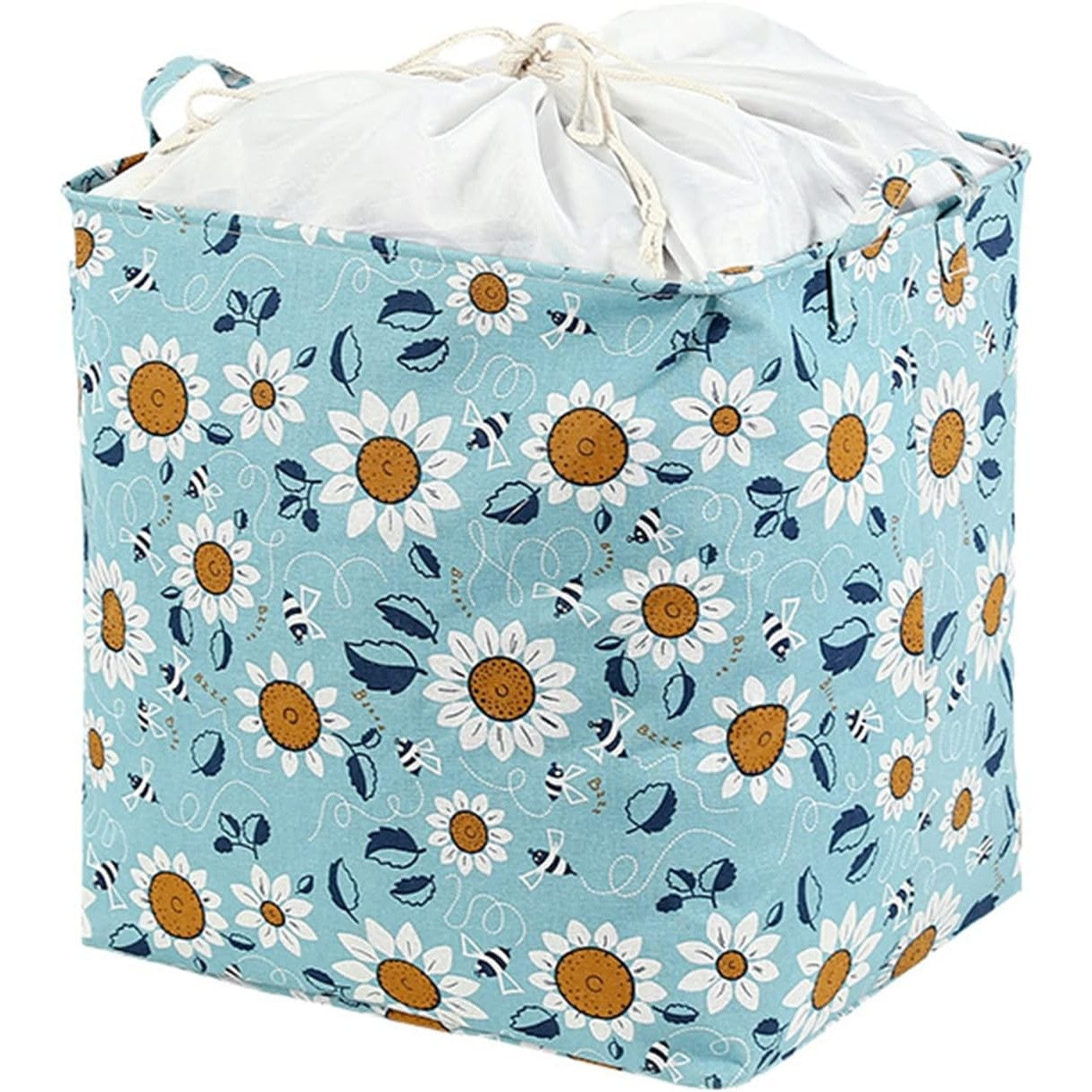 Cos depozitare, Kaveny, Capac cu Snur, 175 L, Confectionat din Bumbac si un Strat Impermeabil, 50 x 50 x 70 cm, Albastru Deschis, Imprimeu Flori