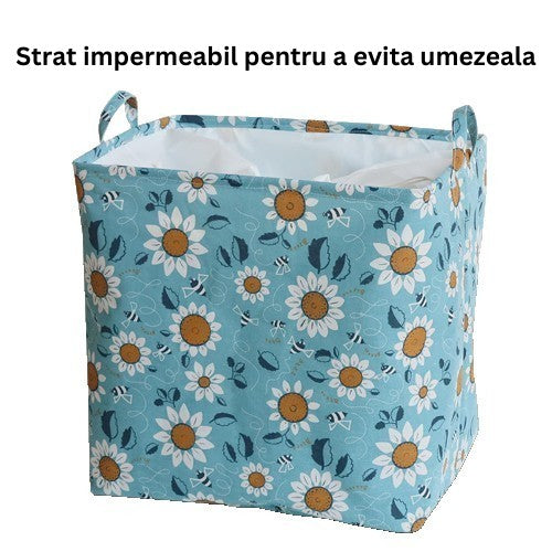Cos depozitare, Kaveny, Capac cu Snur, 175 L, Confectionat din Bumbac si un Strat Impermeabil, 50 x 50 x 70 cm, Albastru Deschis, Imprimeu Flori