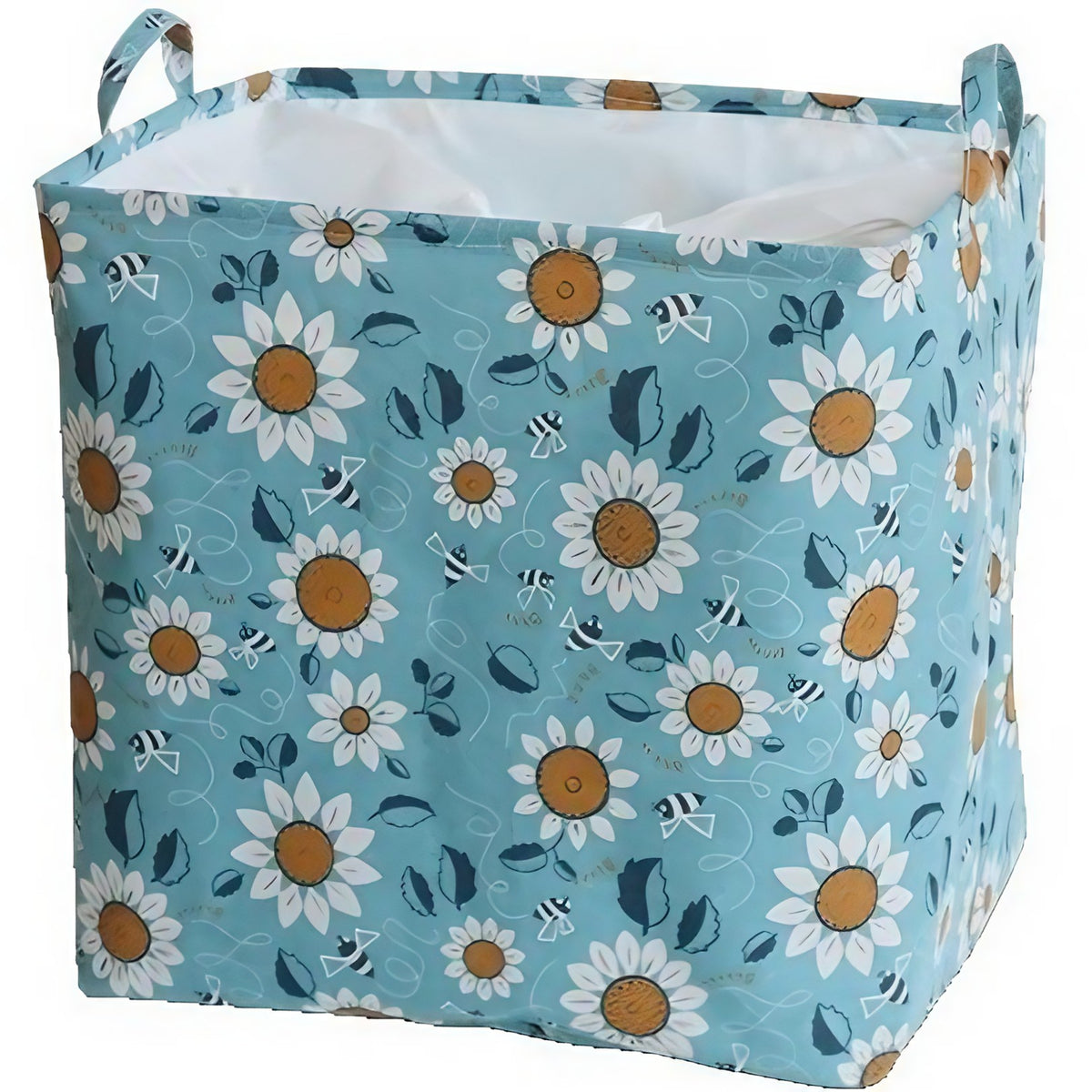 Cos depozitare, Kaveny, Capac cu Snur, 175 L, Confectionat din Bumbac si un Strat Impermeabil, 50 x 50 x 70 cm, Albastru Deschis, Imprimeu Flori