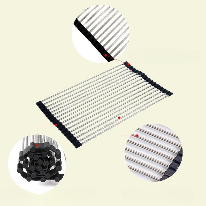 Covoras de Scurgere pentru Chiuveta Bucatarie, din Otel Inoxidabil, Suport Chiuveta, Pliabil, Antiderapant, Usor de Curatat si de Depozitat, 47x36 cm, 18 Tuburi, Negru