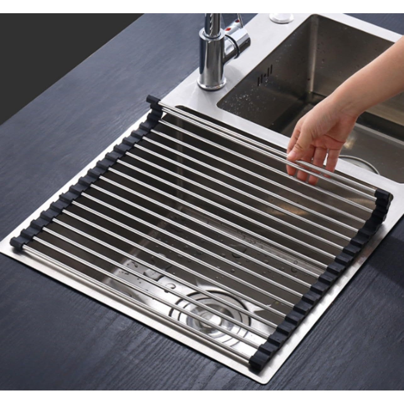 Covoras de Scurgere pentru Chiuveta Bucatarie, din Otel Inoxidabil, Suport Chiuveta, Pliabil, Antiderapant, Usor de Curatat si de Depozitat, 47x36 cm, 18 Tuburi, Negru