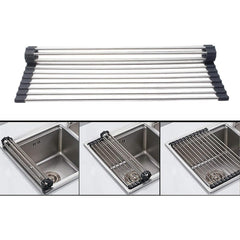 Covoras de Scurgere pentru Chiuveta Bucatarie, din Otel Inoxidabil, Suport Chiuveta, Pliabil, Antiderapant, Usor de Curatat si de Depozitat, 37x30 cm, 15 Tuburi, Negru