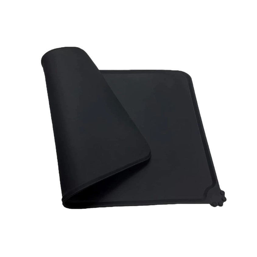 Covoras din silicon pentru animale Kaveny, pentru bol de apa si mancare, antiderapant, margini ridicate pentru a mentine apa, 48.5x30 cm, Negru