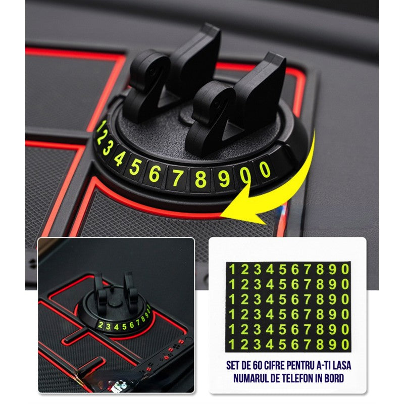 Covoras Pad/Suport Auto 4 in 1 Kadeny, Anti alunecare Bord, Universal, Suport Auto Telefon, Tableta, Gps, Rotire 360 ° Multifuntional, Numar telefon, Aroma, Negru