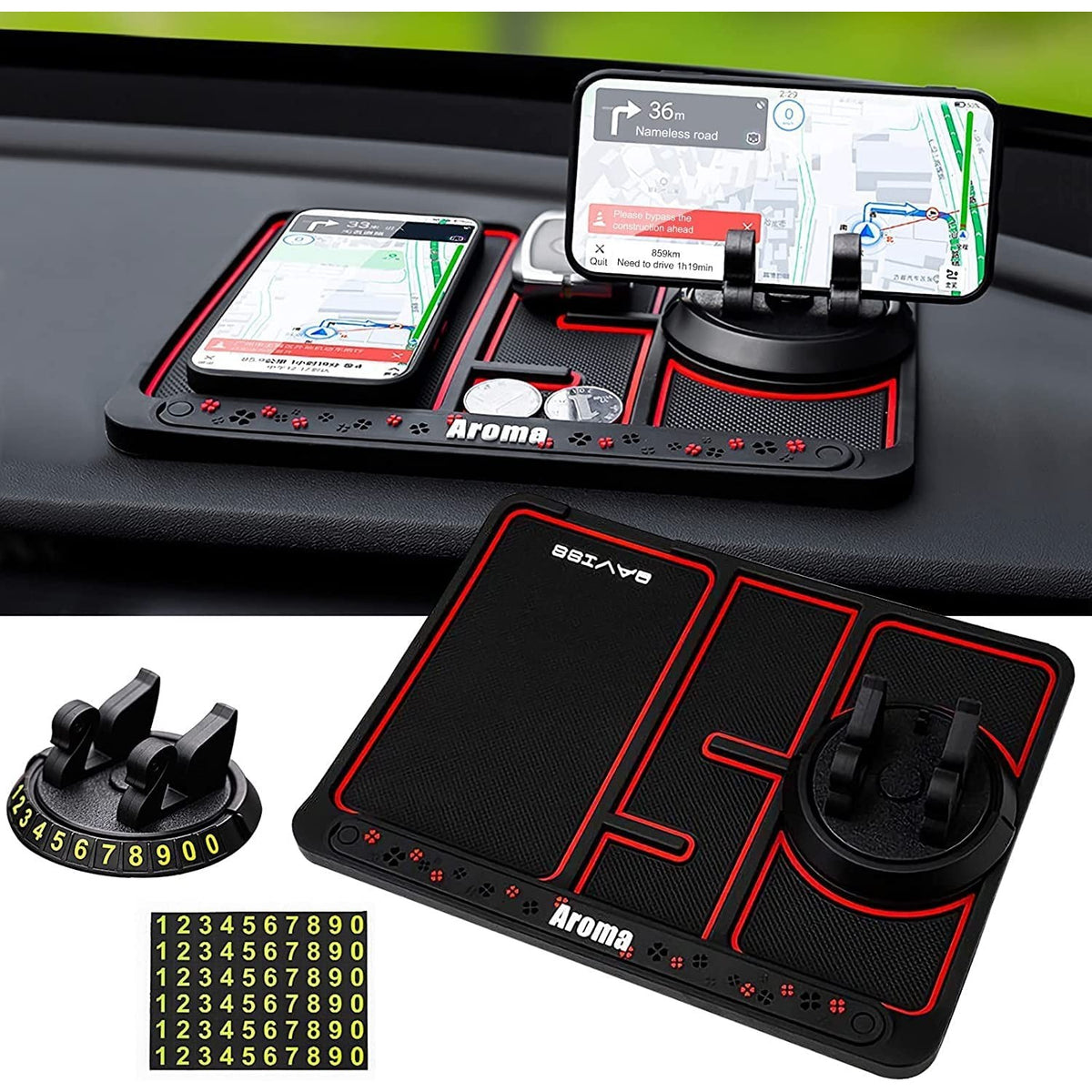 Covoras Pad/Suport Auto 4 in 1 Kadeny, Anti alunecare Bord, Universal, Suport Auto Telefon, Tableta, Gps, Rotire 360 ° Multifuntional, Numar telefon, Aroma, Negru