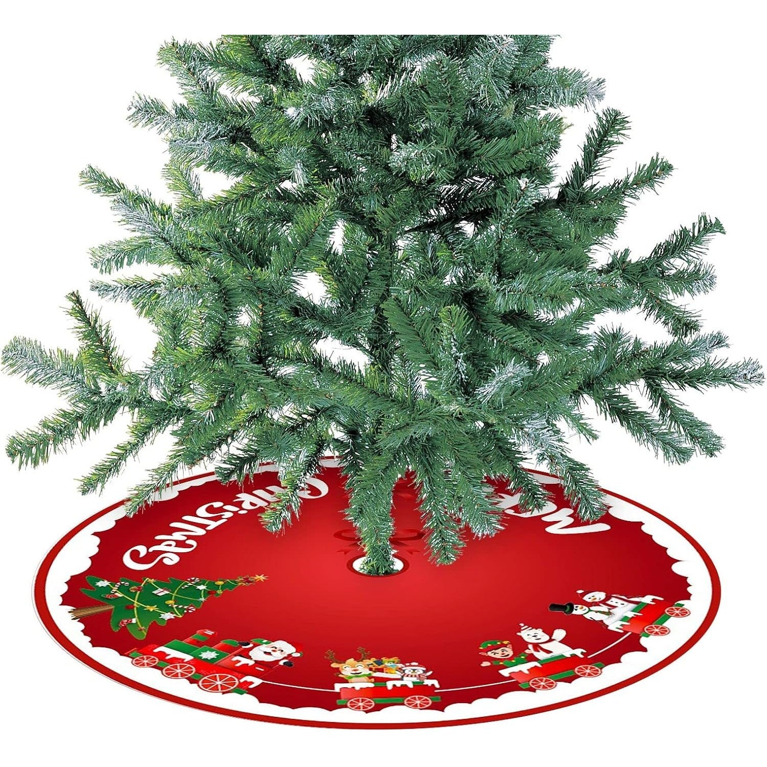 Covoras pentru Bradul de Craciun, Kaveny, din Tesatura Pufoasa, cu Fundite de Prindere, Model Sania lui Mos Craciun, Rosu, Diametru 90 cm
