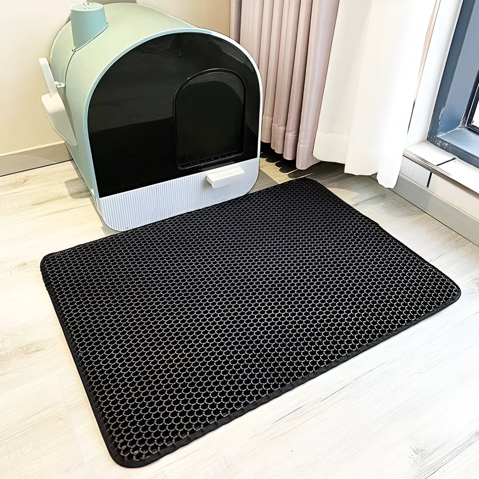 Covoras pentru Litiera, Kaveny, Covor cu Doua Fete pentru Pisici, Rezistent la Apa, Colectare Granule de Nisip, Antiderapant, 40x50 cm, Negru